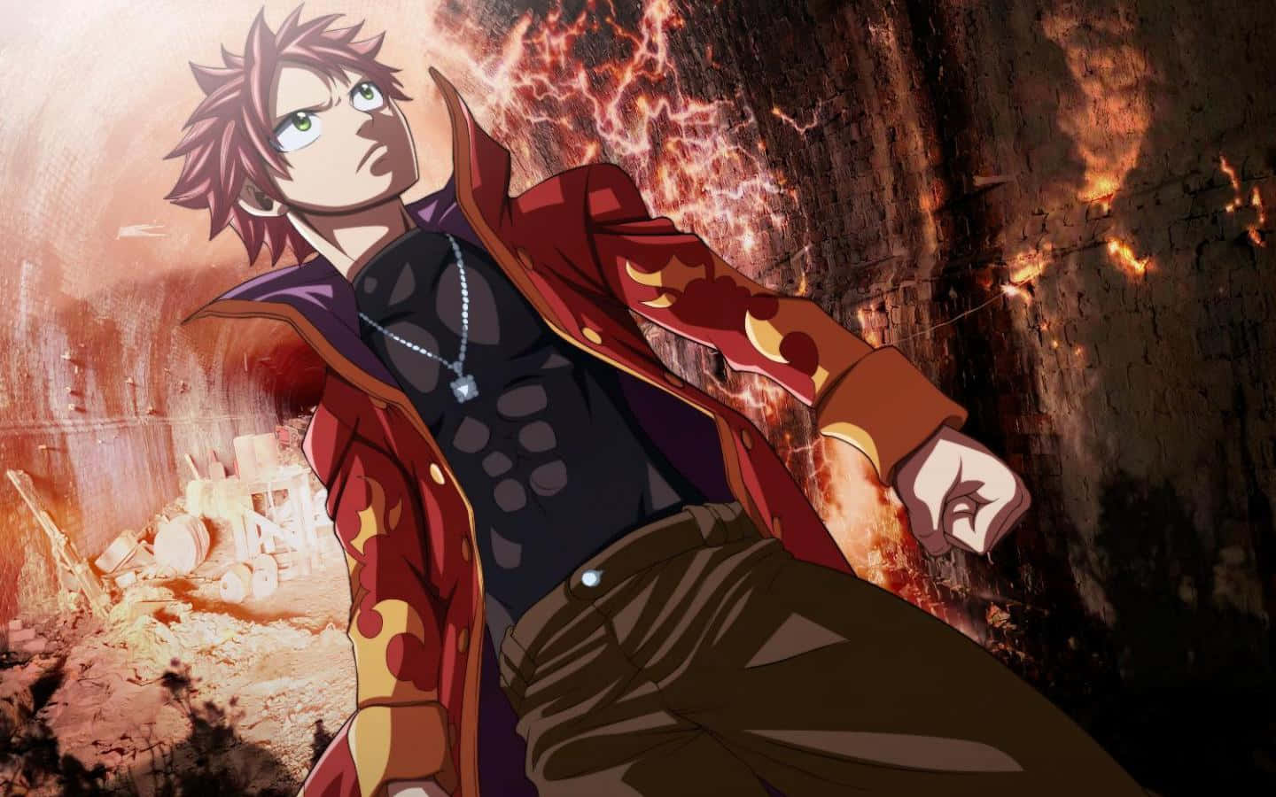 Natsu Dragneel Unleashing Flames in Battle Wallpaper