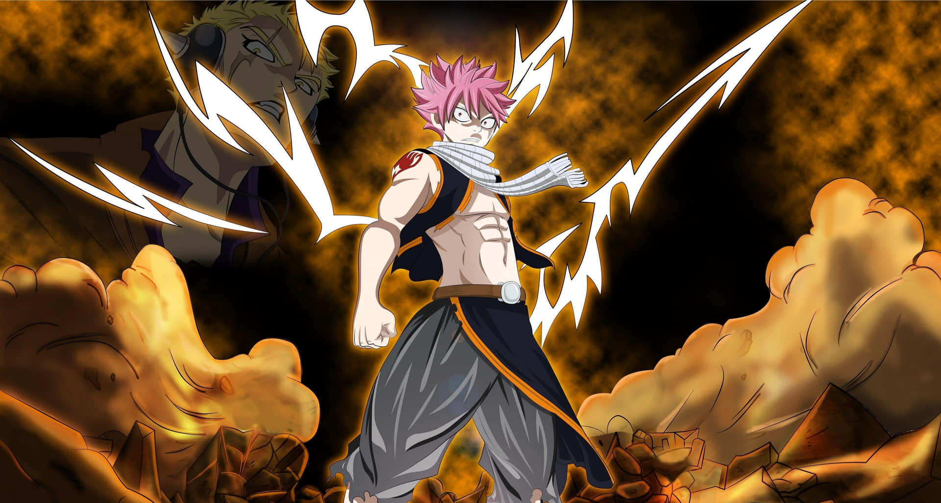 Natsu Dragneel posing with clenched fists in front of a fiery background Wallpaper