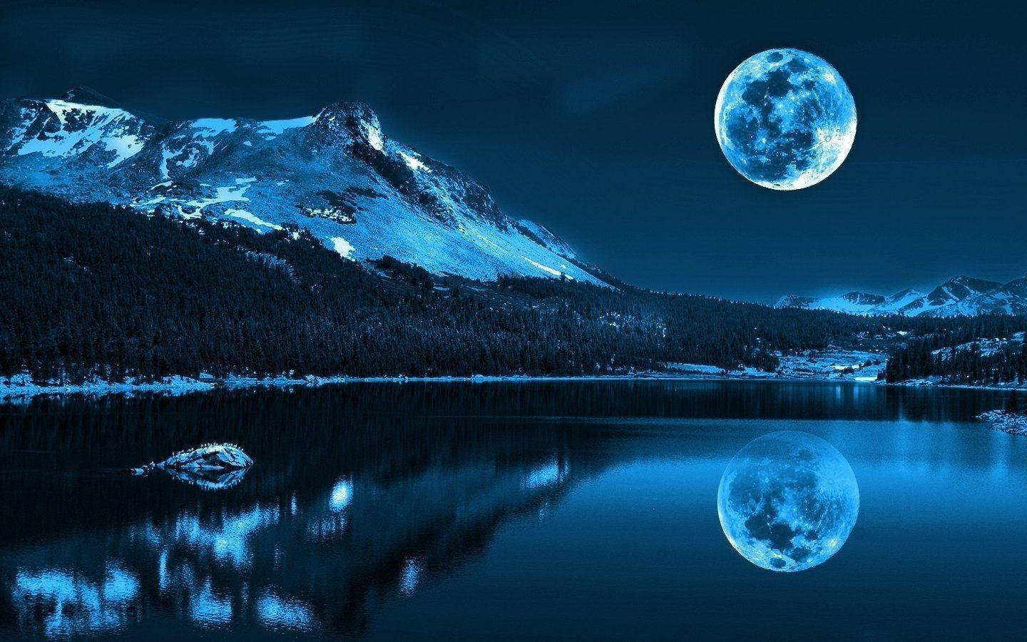 Download Natural Blue Aesthetic Lake With Full Moon Wallpaper ...
