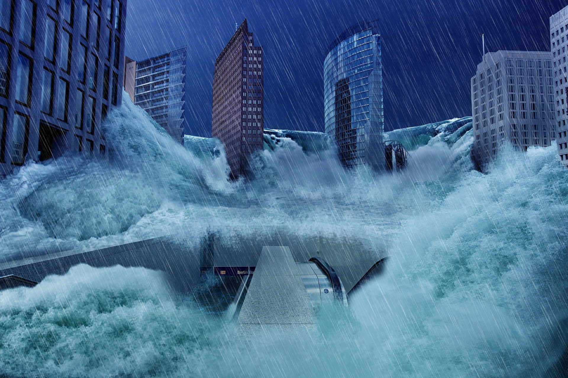 A City Is Flooded By A Large Wave