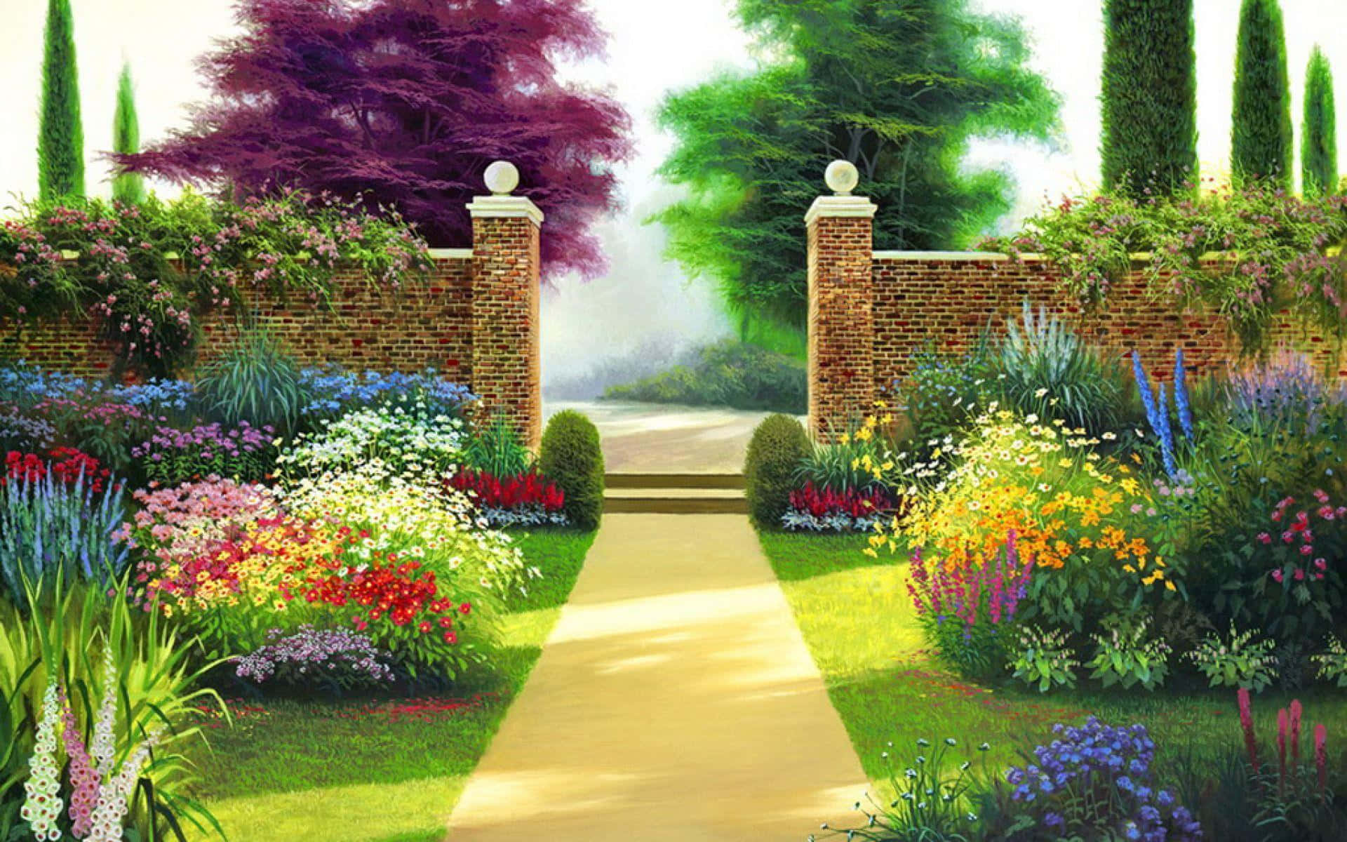 Enmålning Av En Trädgård Med En Grind Och Blommor