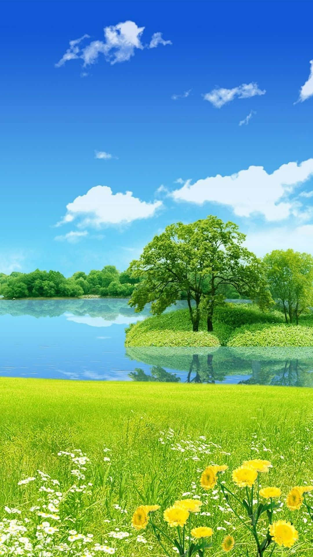 Fresh green nature scape of rolling hills and river