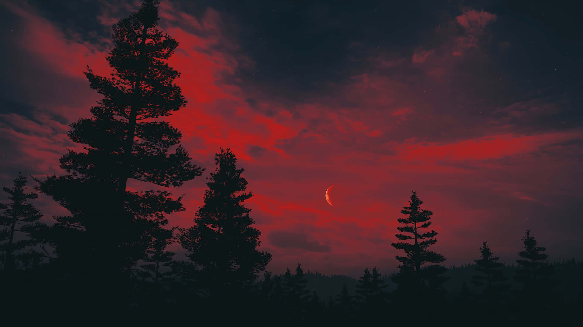 A Red Sky With Trees And A Crescent Wallpaper