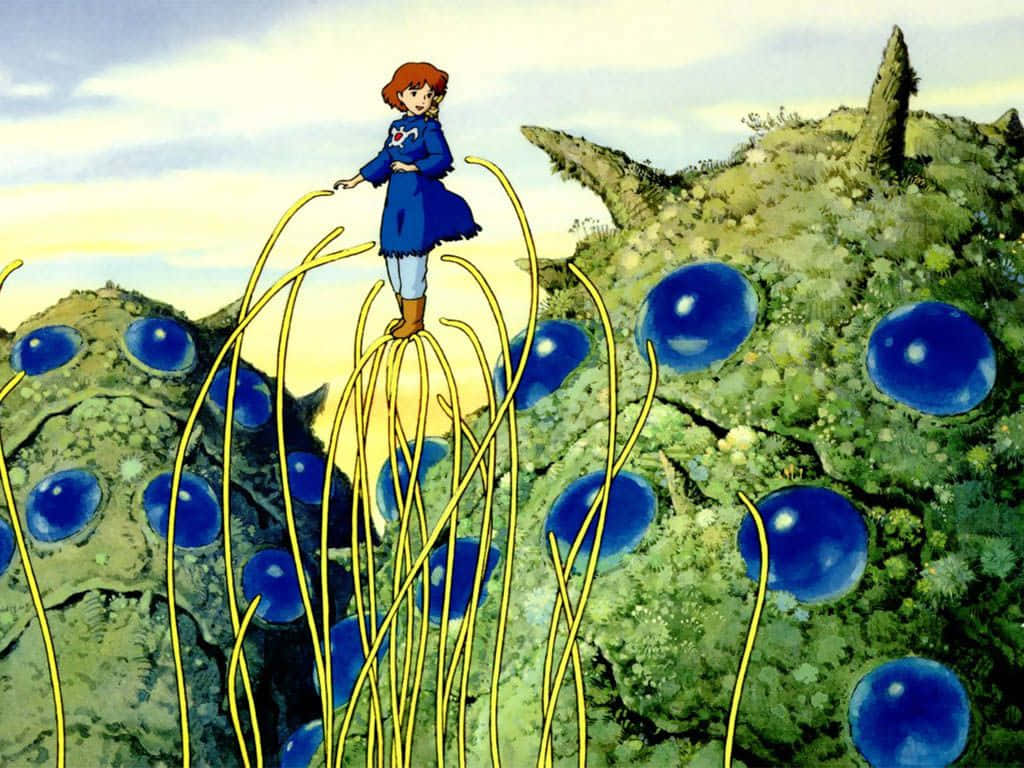 Nausicaä soaring through the skies on her glider in a scene from Nausicaä of the Valley of the Wind Wallpaper
