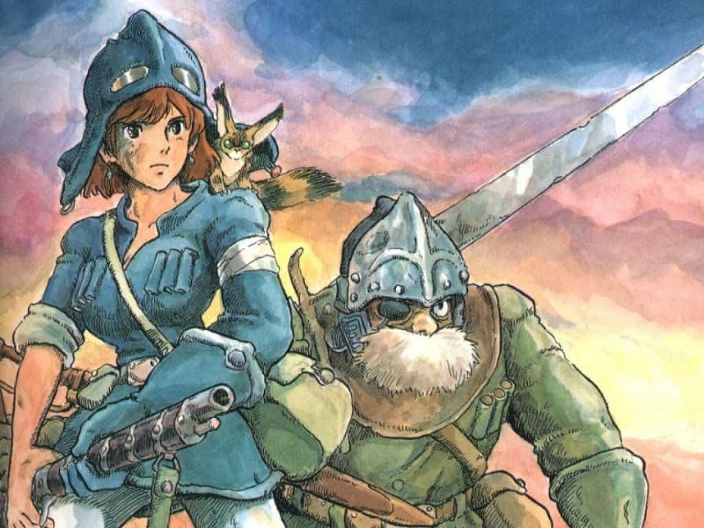 Nausicaä soaring through the skies above the Valley of the Wind Wallpaper
