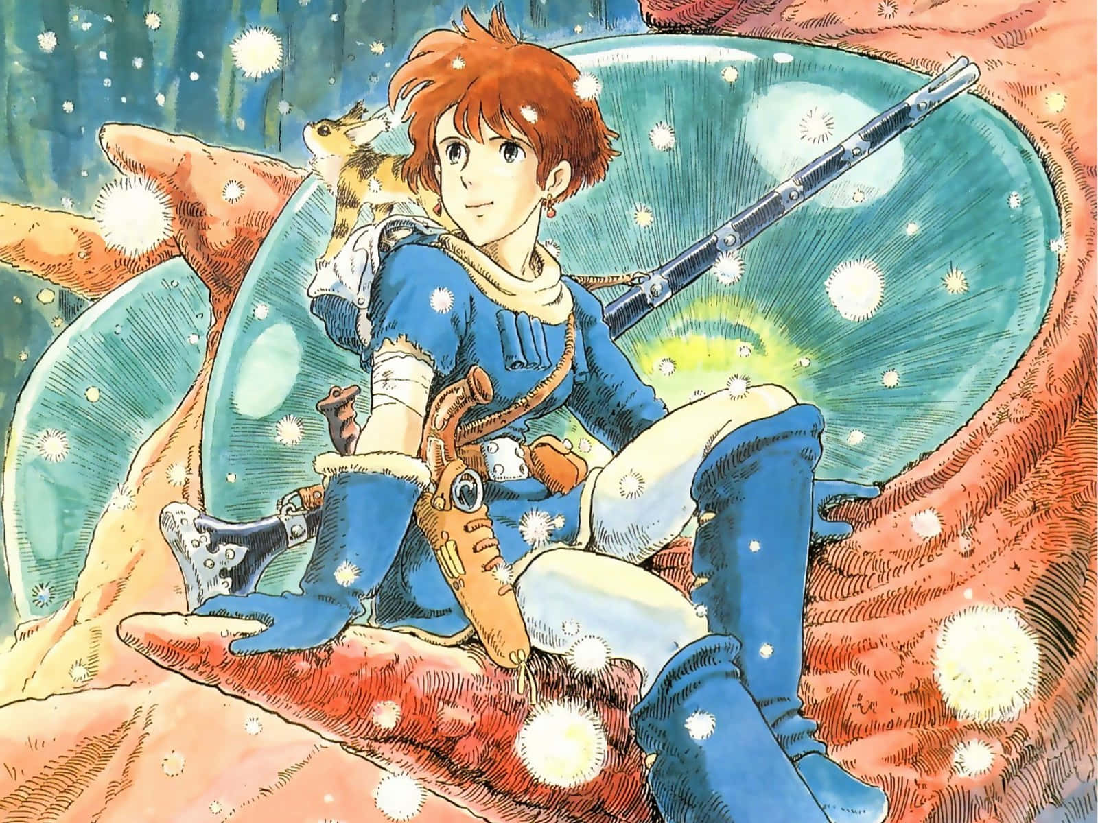 Nausicaä soaring through the sky in her glider with the valley of the wind in the background Wallpaper