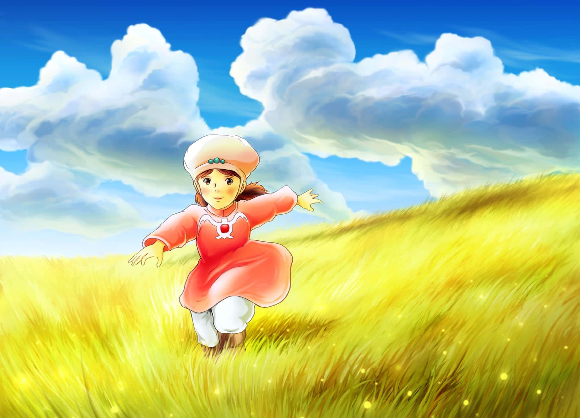 Nausicaä soaring through the skies on her glider amidst the stunning landscape of the Valley of the Wind. Wallpaper