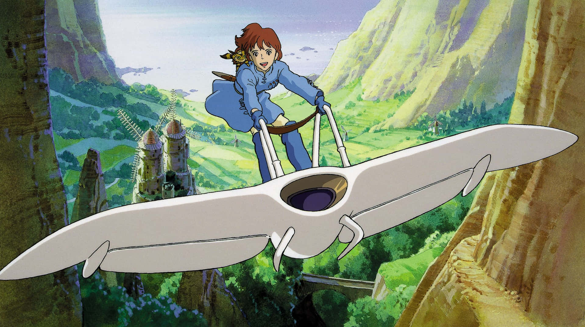 Nausicaä soaring through the sky on her glider in the Valley of the Wind Wallpaper