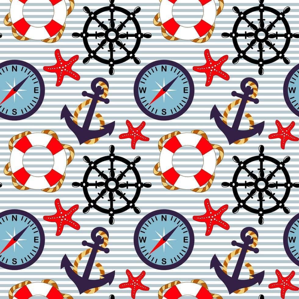 A Nautical Pattern With Anchors, Stars And Other Nautical Items