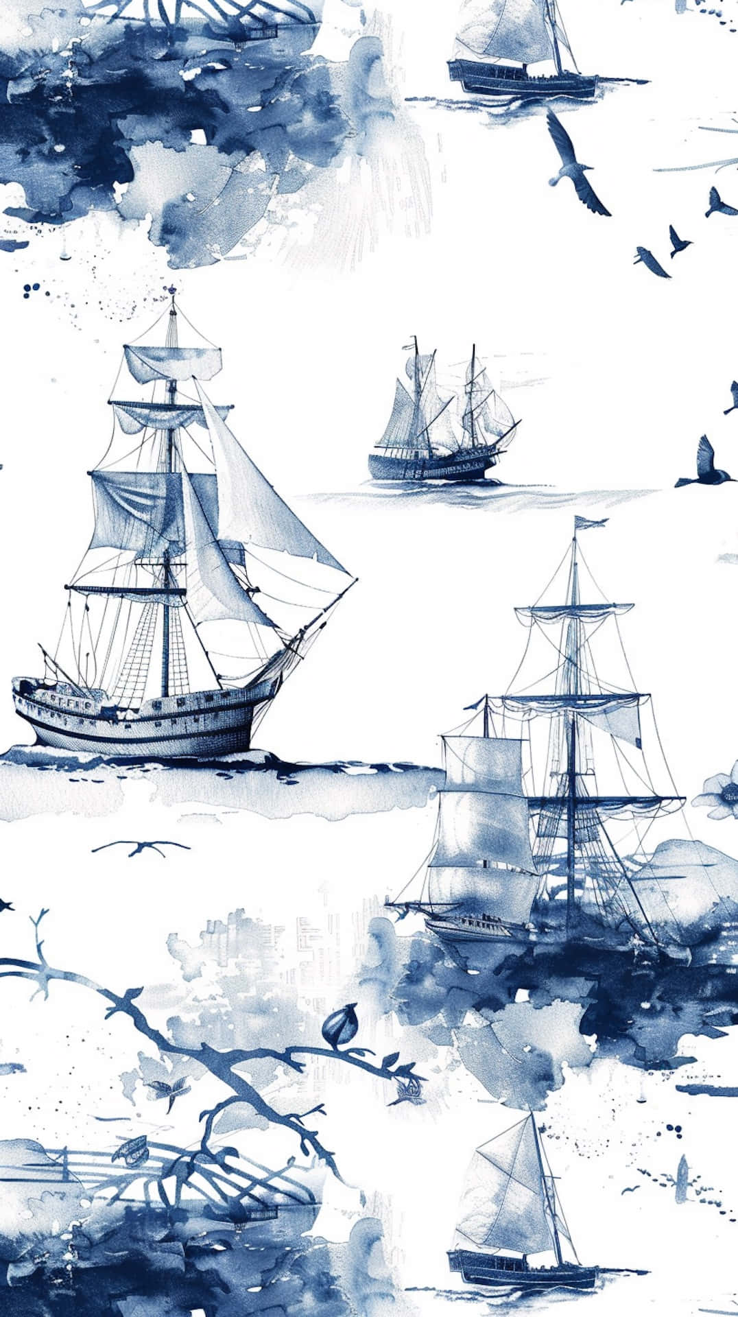 Nautical Navy Watercolor Sailing Ships Wallpaper