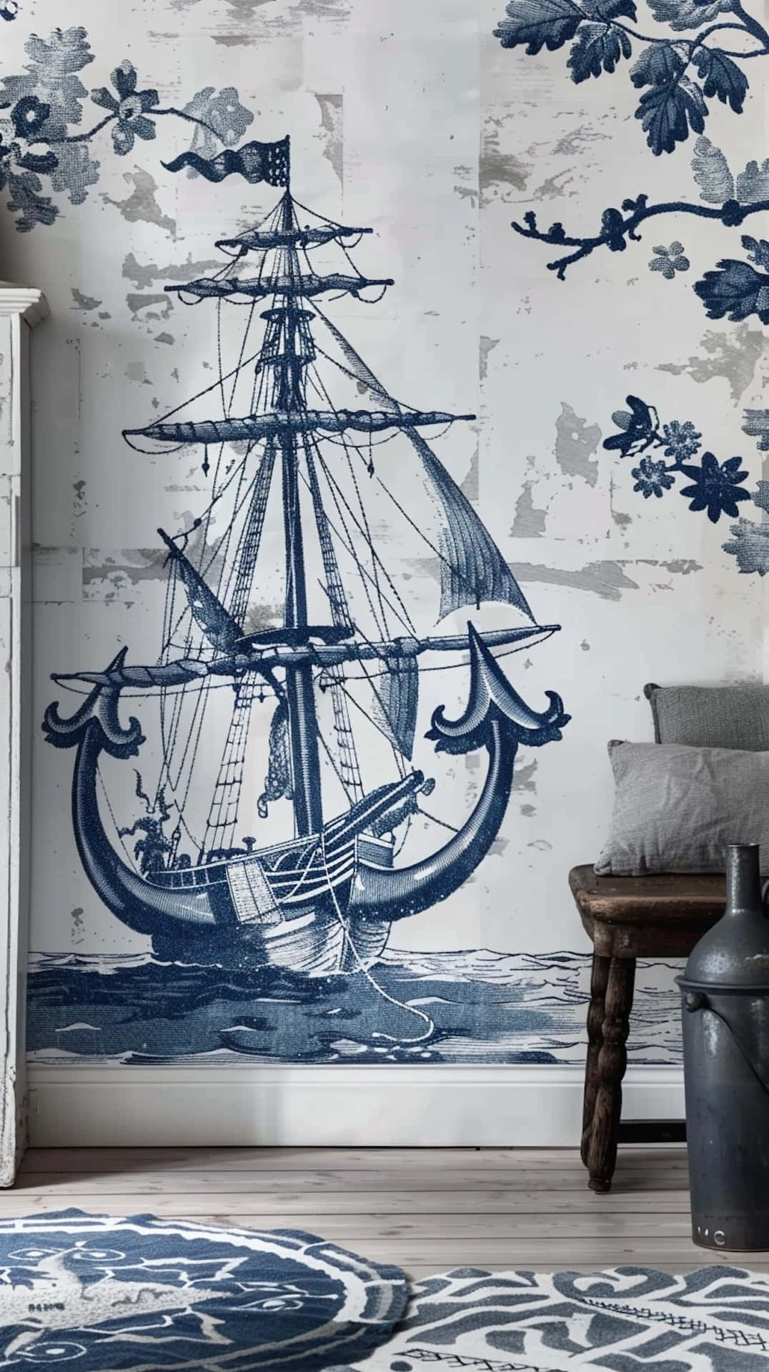 Nautical Themed Interior Navy White Wallpaper