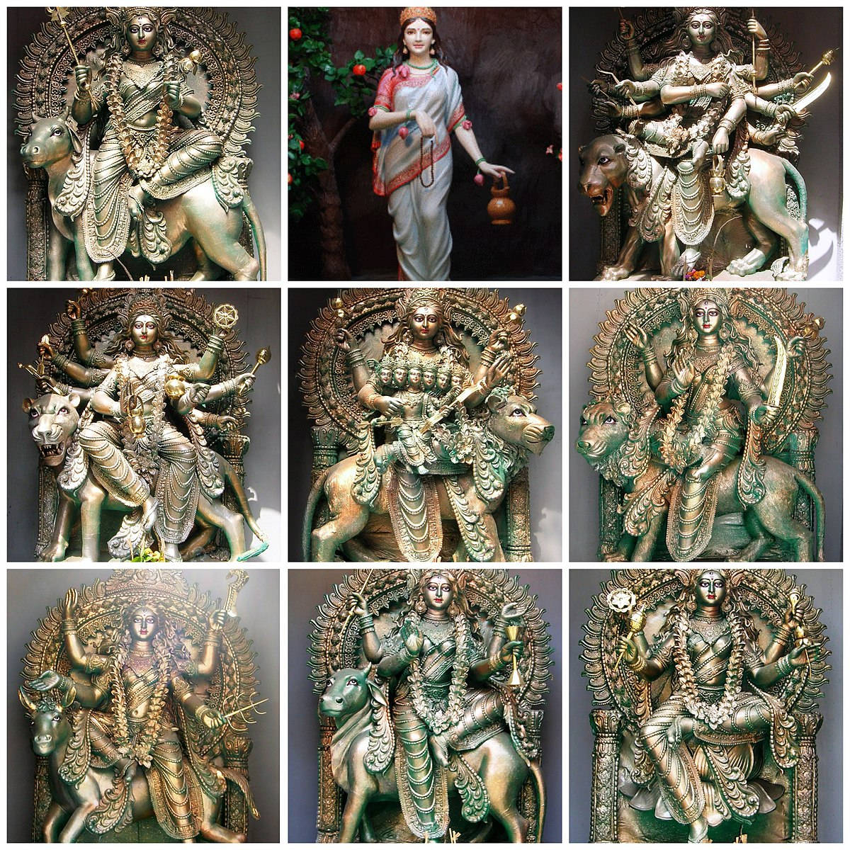 Caption: Divine Ensemble of Nav Durga Statues Wallpaper
