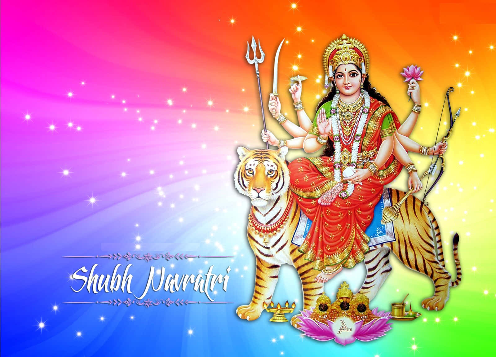 A Colorful Background With The Goddess Durga On It