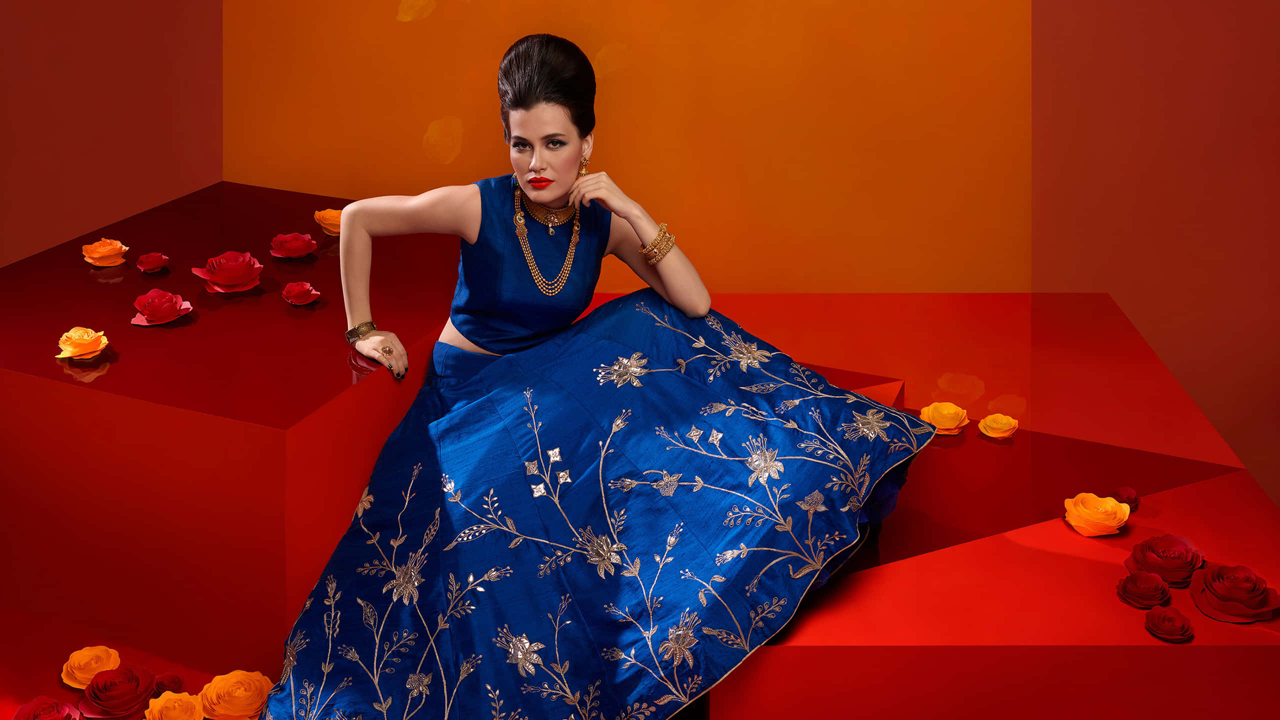 Elegant Woman in a Navy Blue Dress Wallpaper
