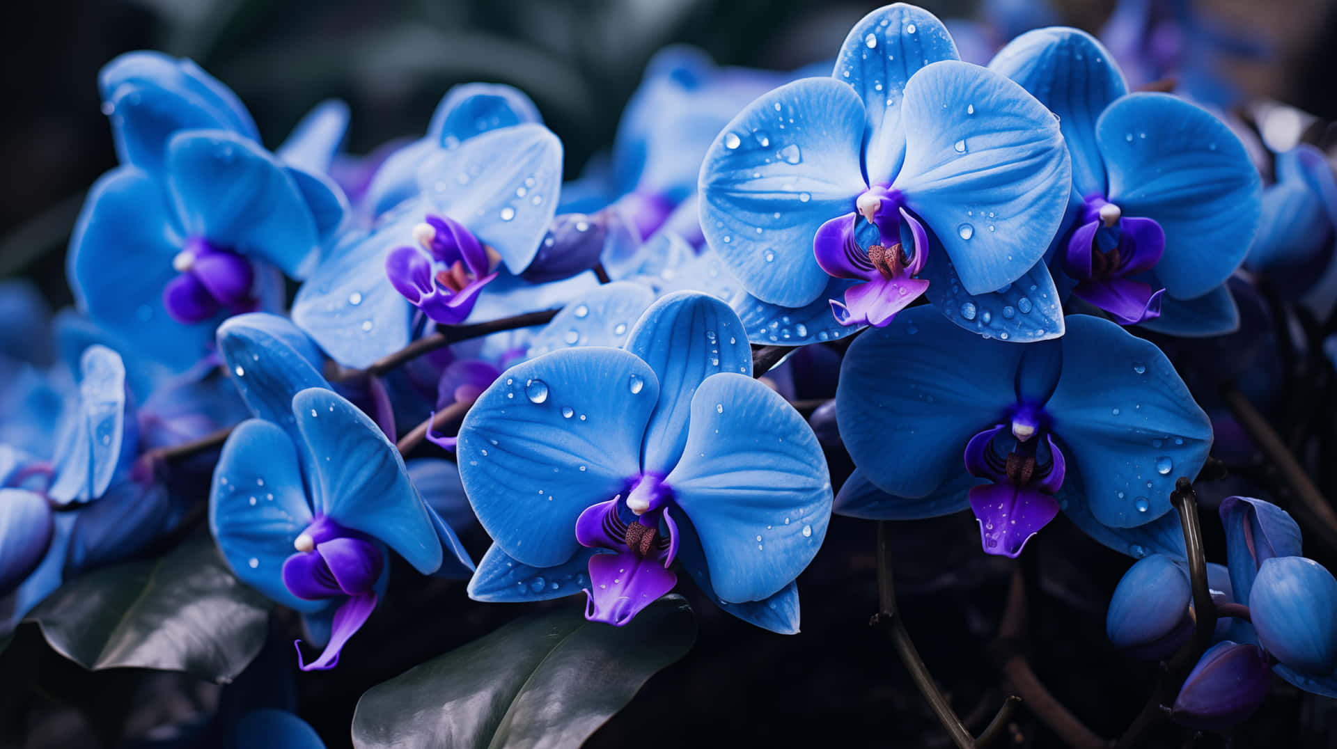 Navy Blue Orchidswith Water Droplets Wallpaper