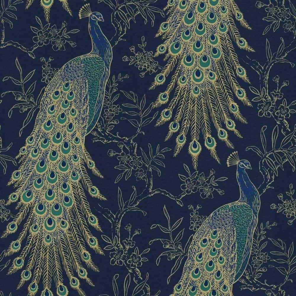 Navy_ Gold_ Peacock_ Pattern Wallpaper
