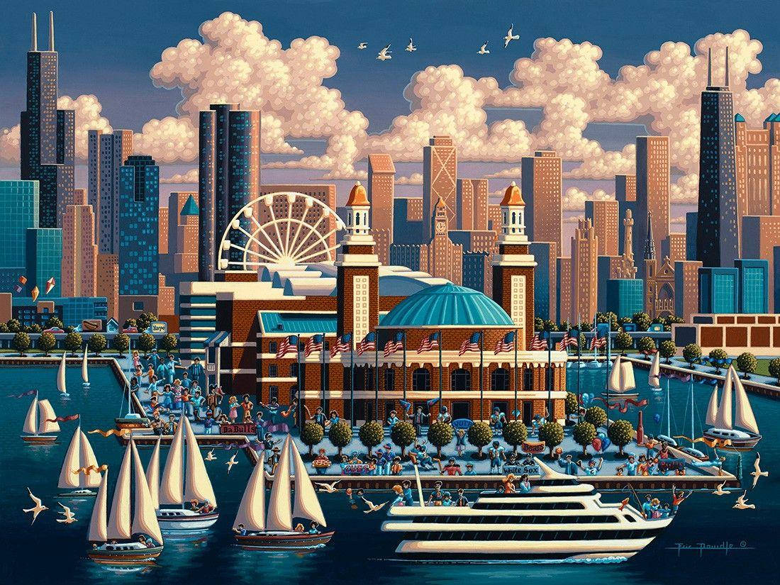 Navy Pier Chicago Artwork Boats Wallpaper