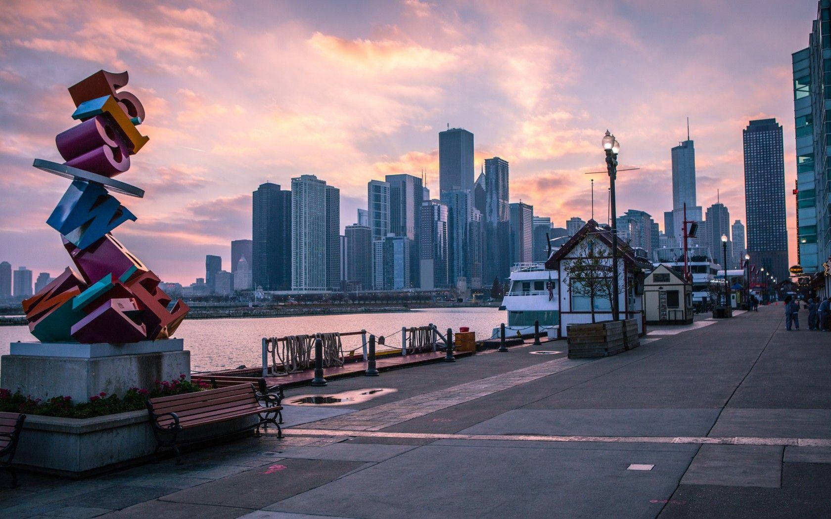 Navy Pier Chicago Pink Sky Wallpaper