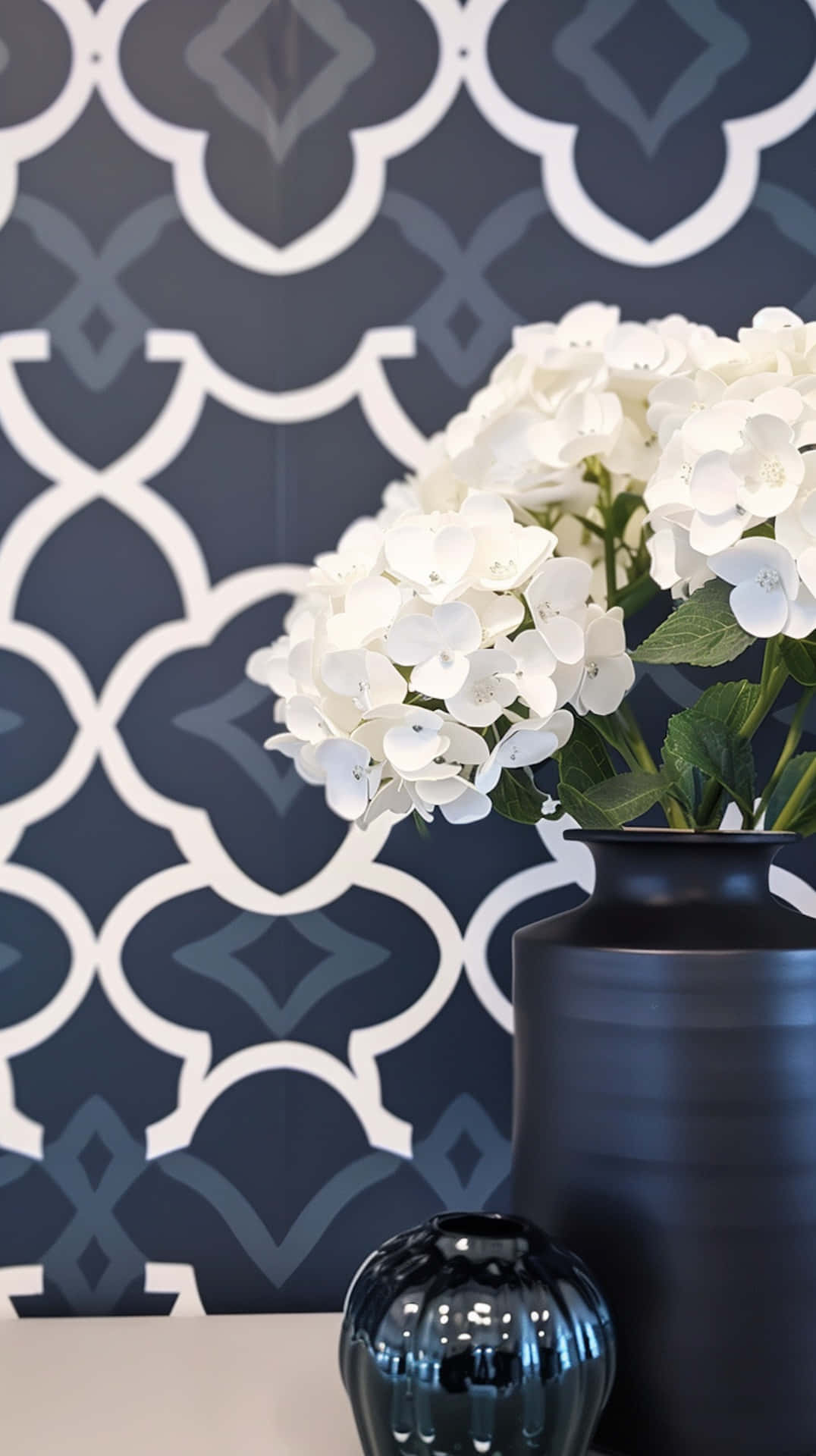 Navy White Interior Design Floral Accent Wallpaper