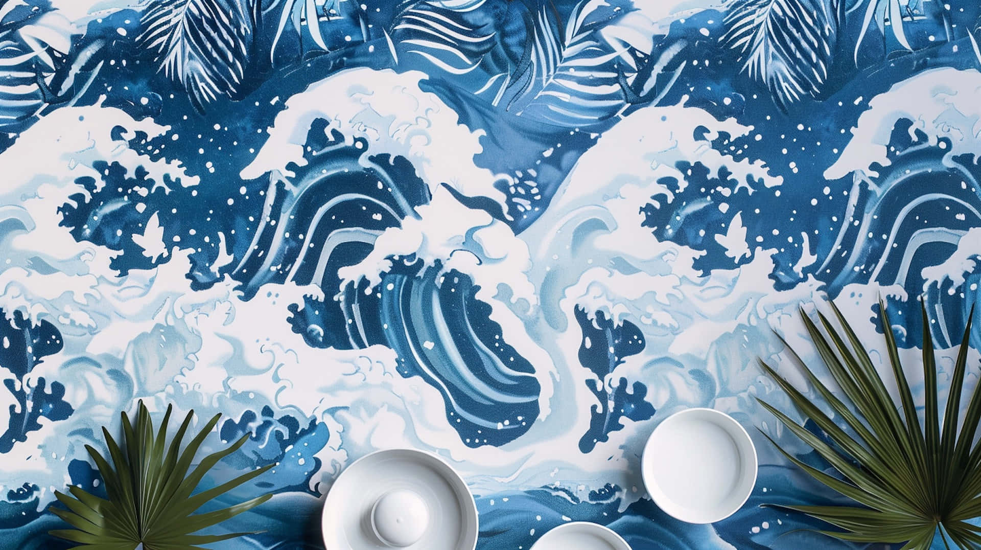 Navy White Tropical Wave Pattern Wallpaper
