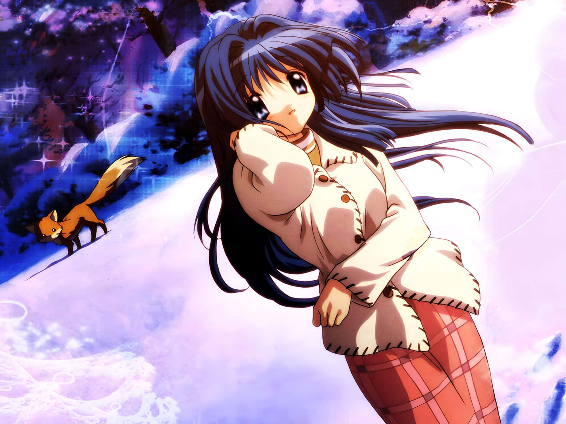 Nayuki Minase From Kanon Visual Novel Game Poses Against A Snowy Background. Wallpaper