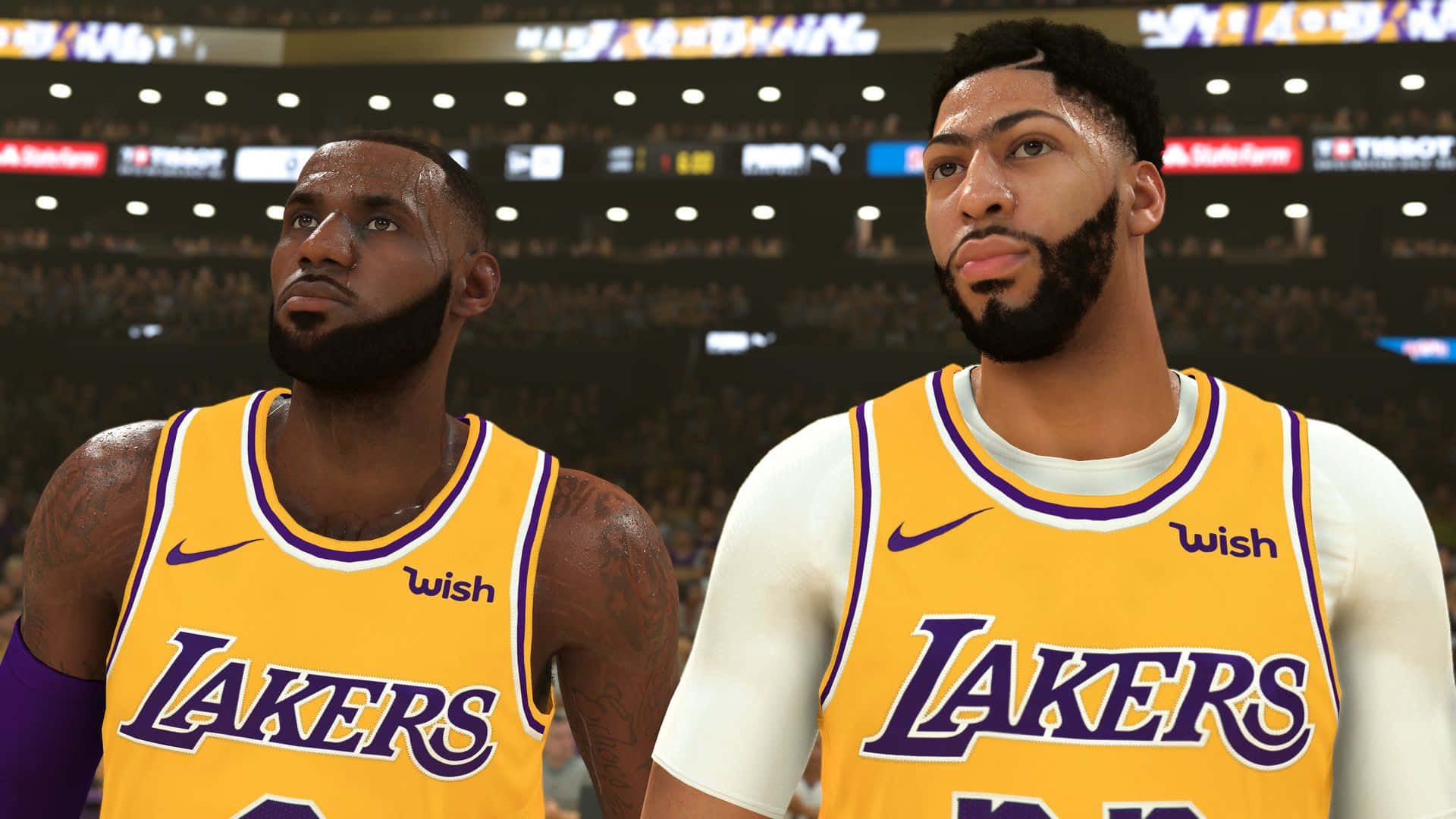 Intense NBA 2K20 gameplay featuring LeBron James and the Lakers Wallpaper