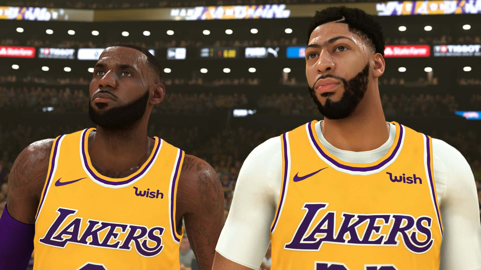 Duegiocatori Dei Lakers In Piedi Uno Accanto All'altro Sfondo