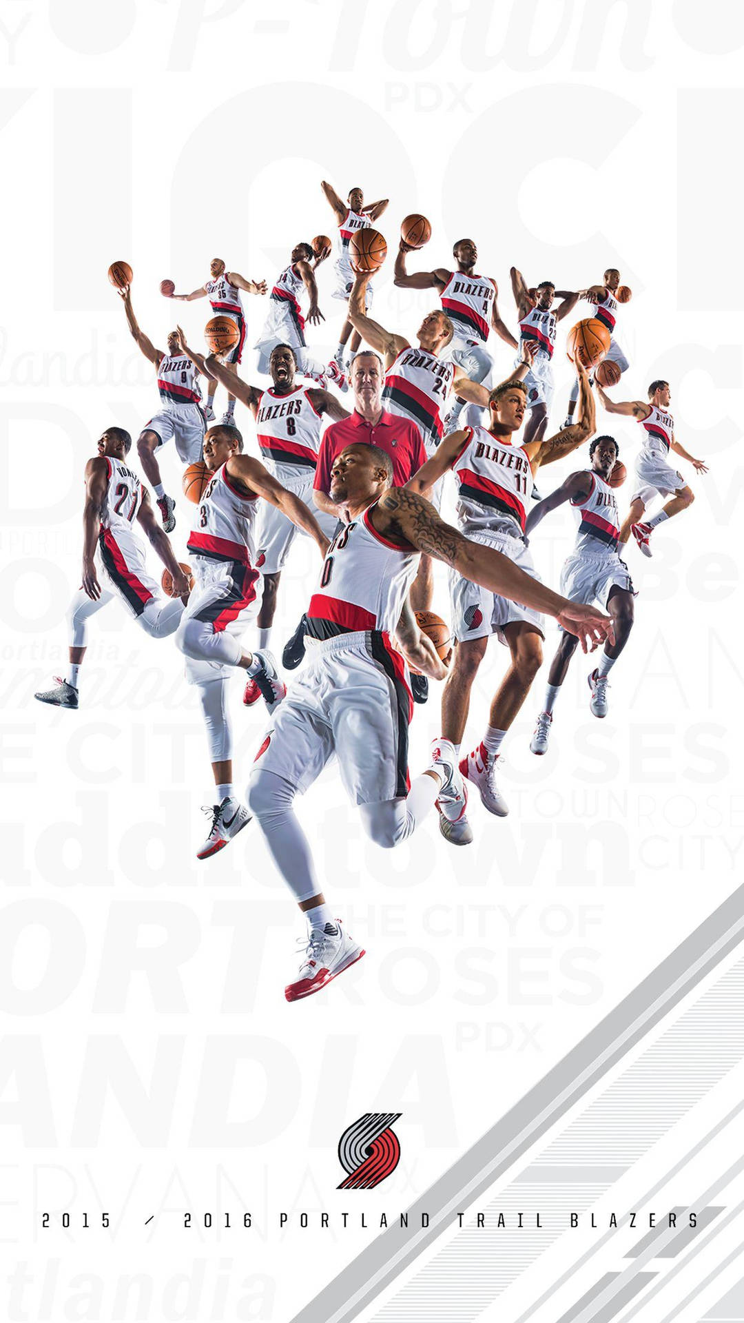 Dette tapet viser et mægtigt portræt af Portland Trail Blazers basketballholdet samlet foran deres logo. Wallpaper