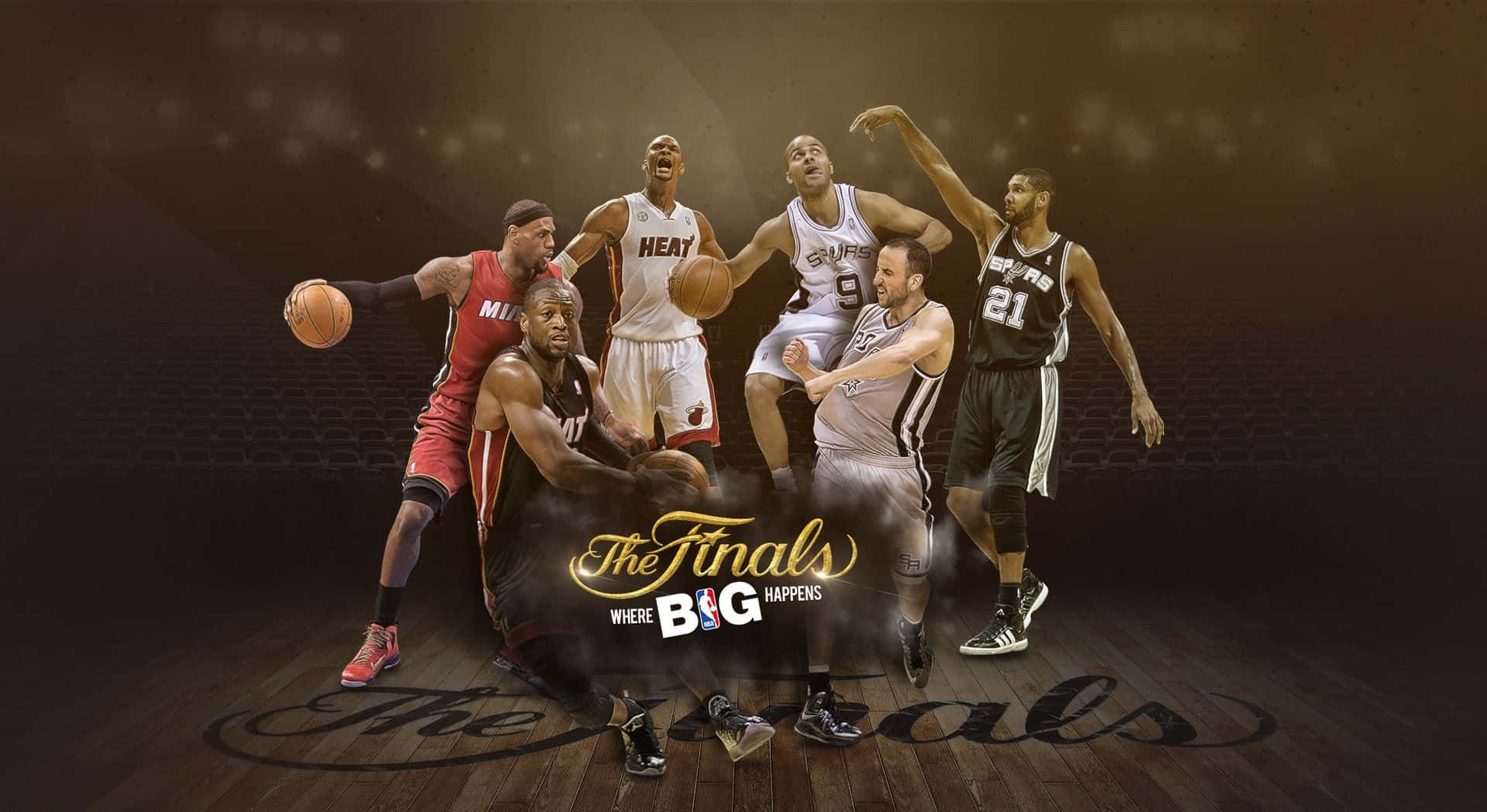 NBA superstjernerne Kawhi Leonard, LeBron James & Steph Curry skinner på banen Wallpaper