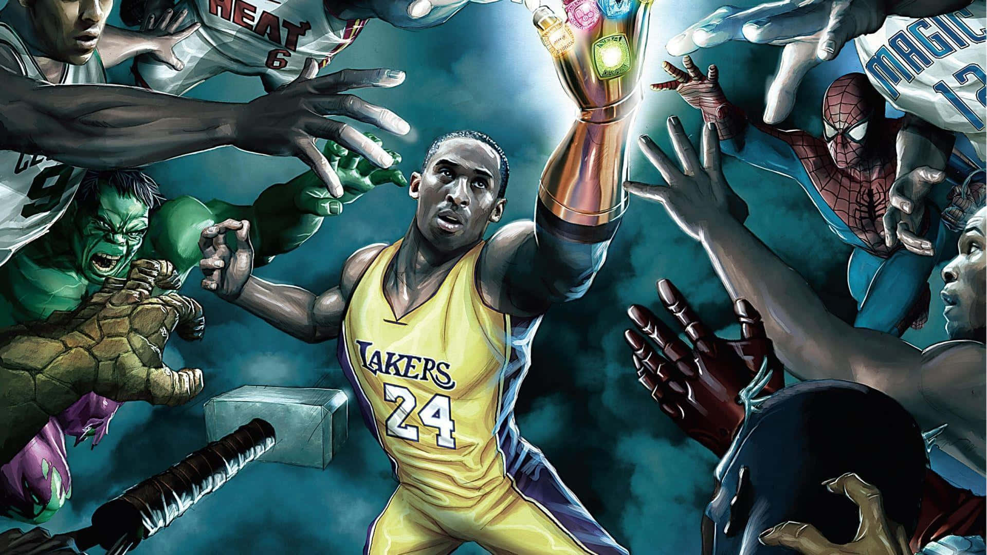 a comic book illustration of a group of basketball players Wallpaper