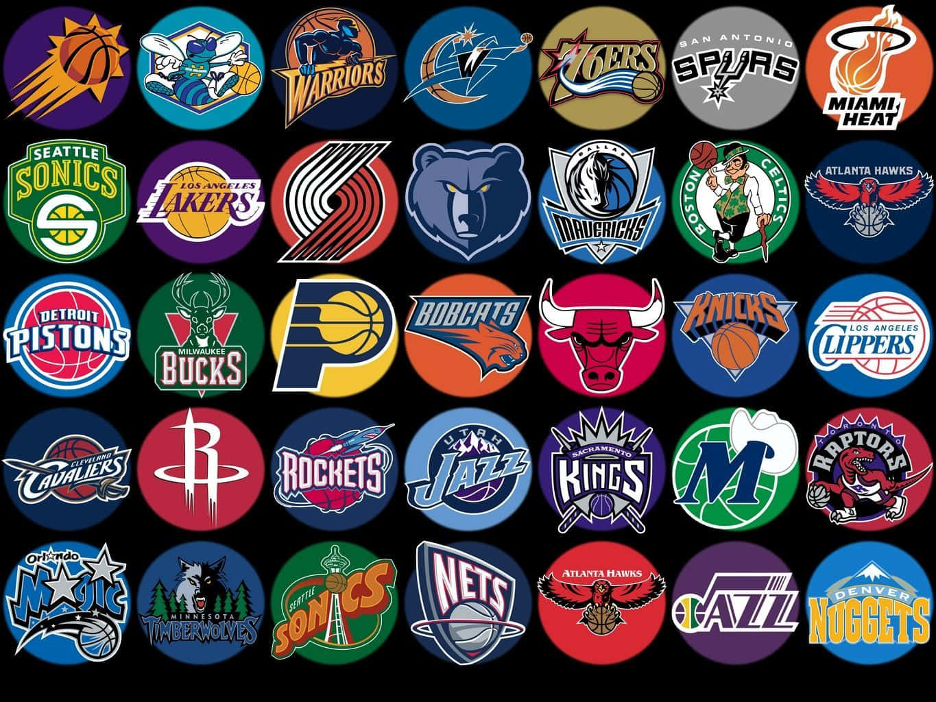 Logoerne fra NBA i en cirkel med mange forskellige hold Wallpaper