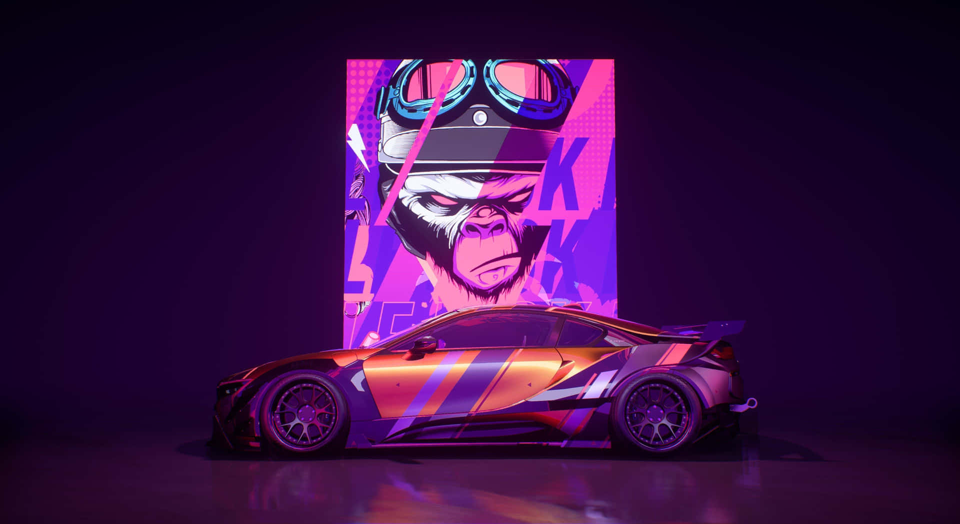 En bil med en neon skilt på det. Wallpaper