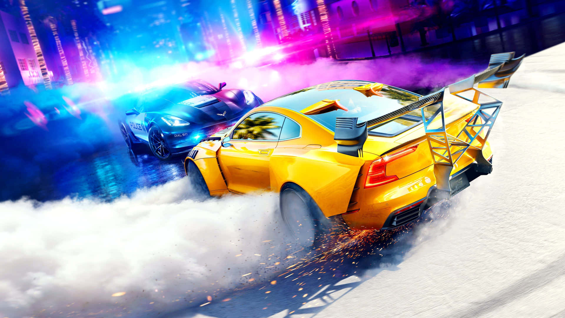 A Yellow Car Driving Down A Street With Smoke Coming Out Of It Wallpaper