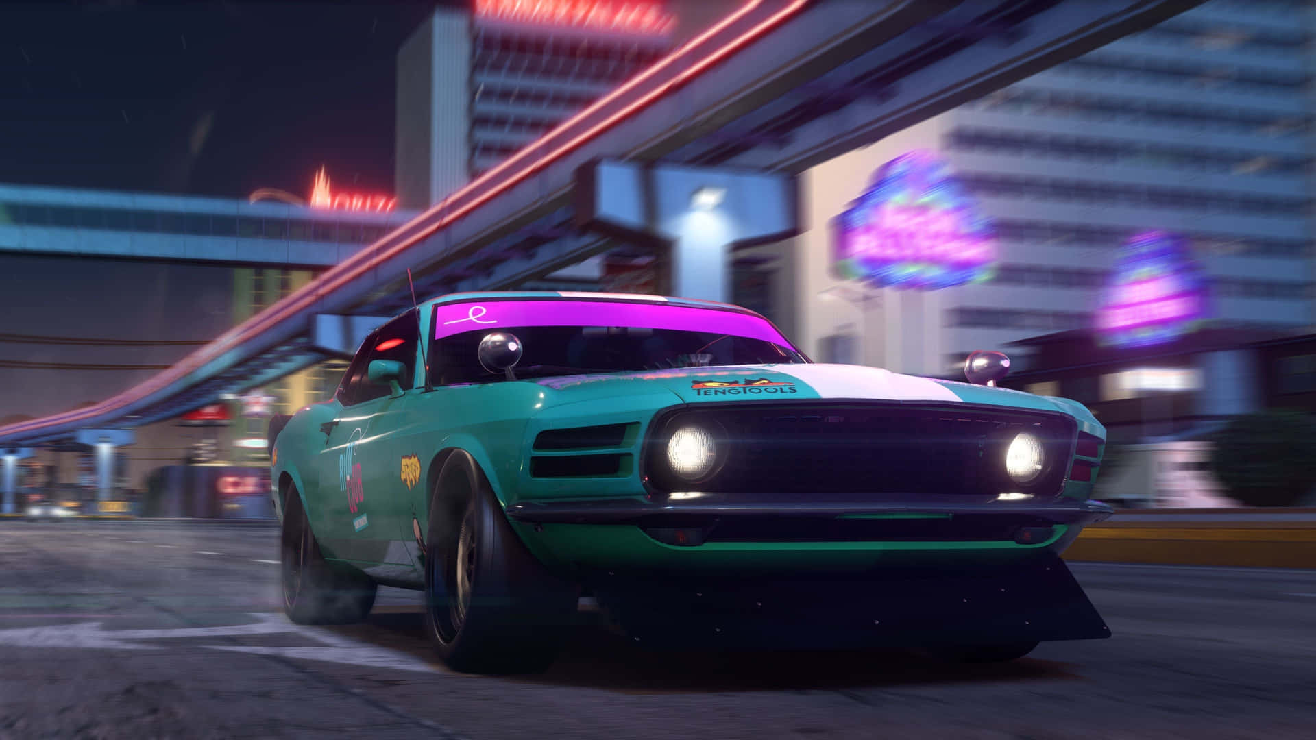 A Green Car Driving Down The Street In A Video Game
