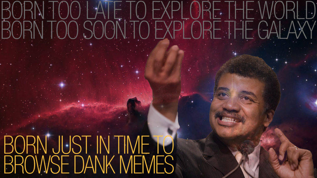 Neil DeGrasse Tyson with pink galaxy background that says 