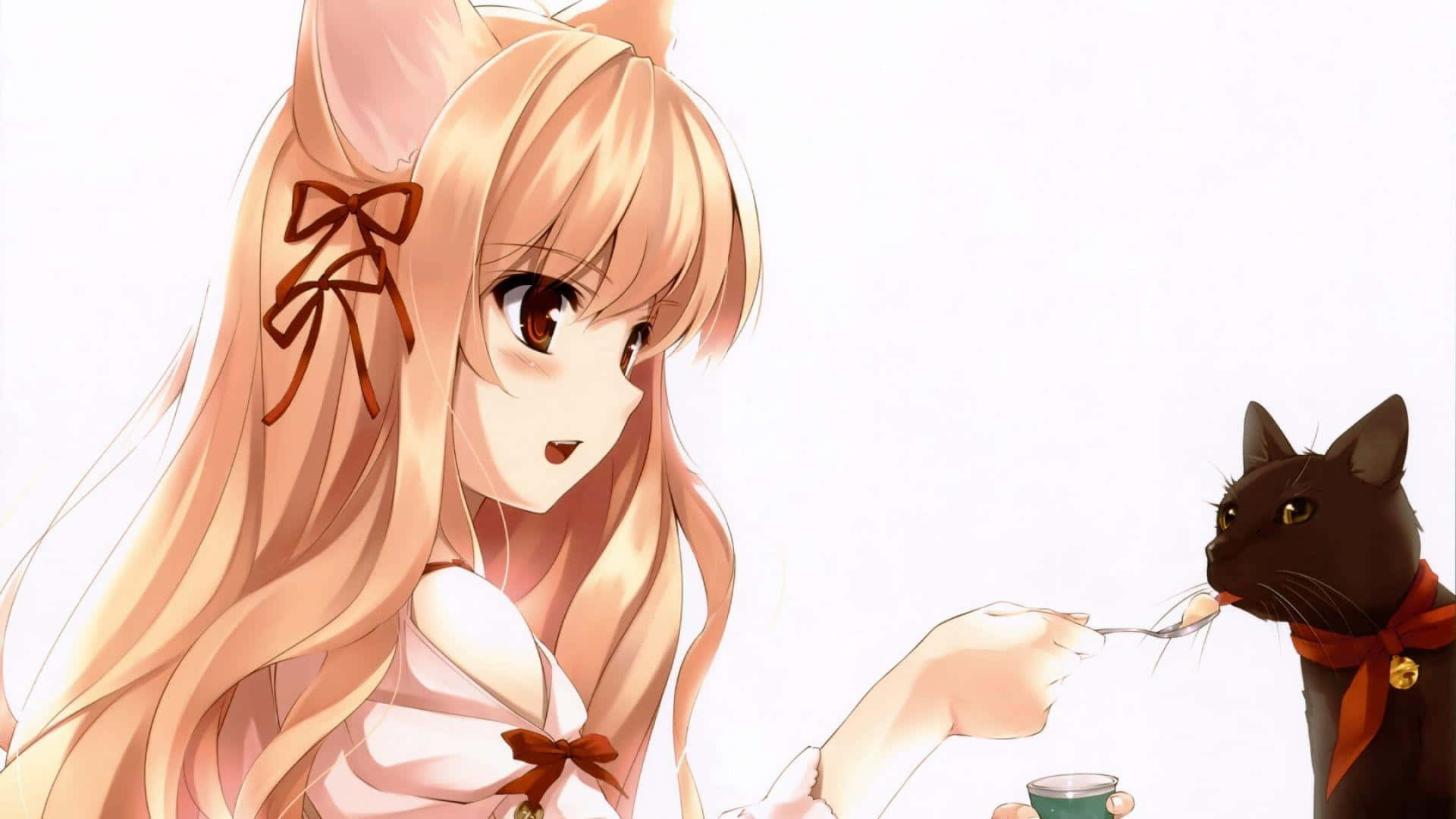 Neko Girl Feeding Cat Wallpaper