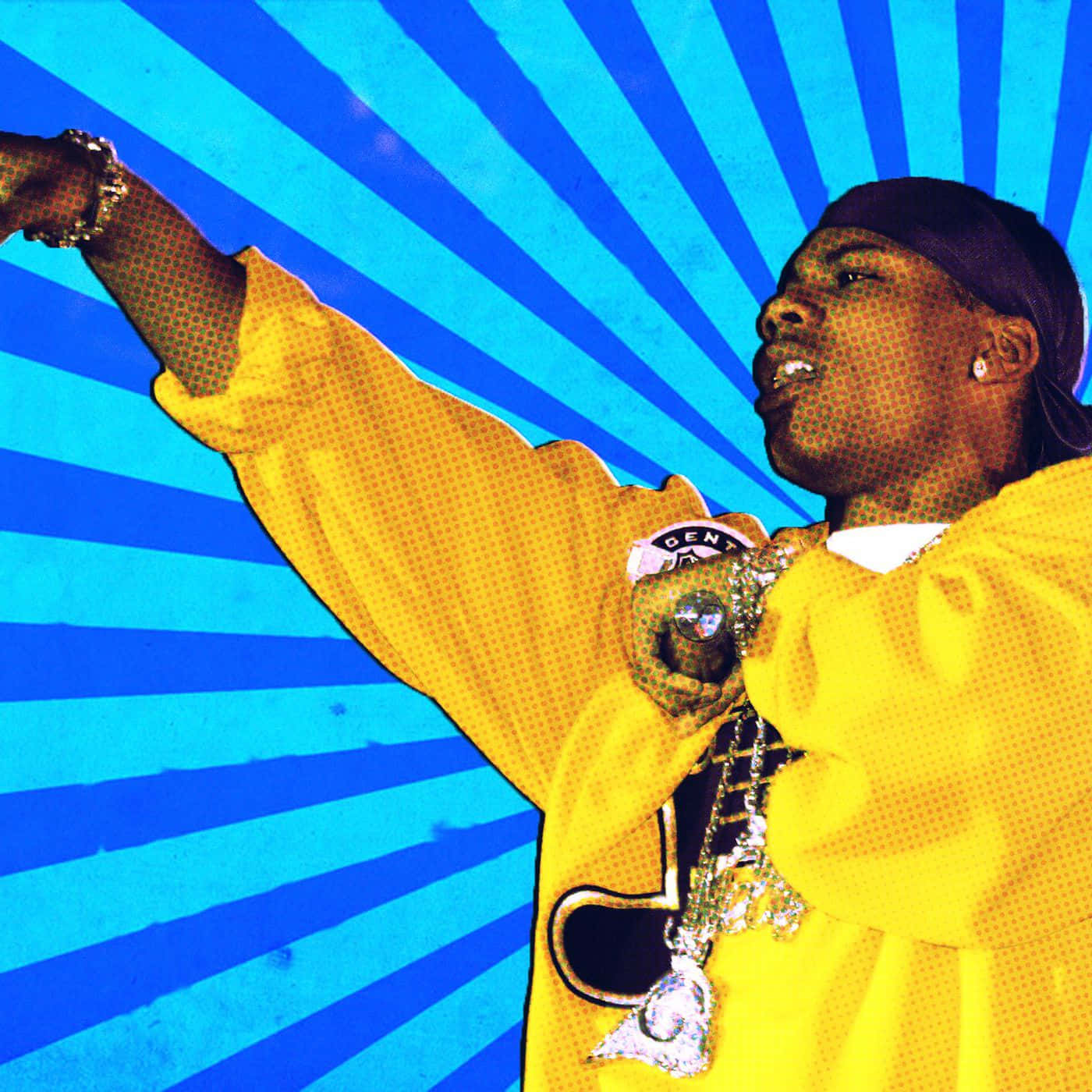 Nelly holder et mikrofon under en koncert i en blå abstrakt baggrund. Wallpaper