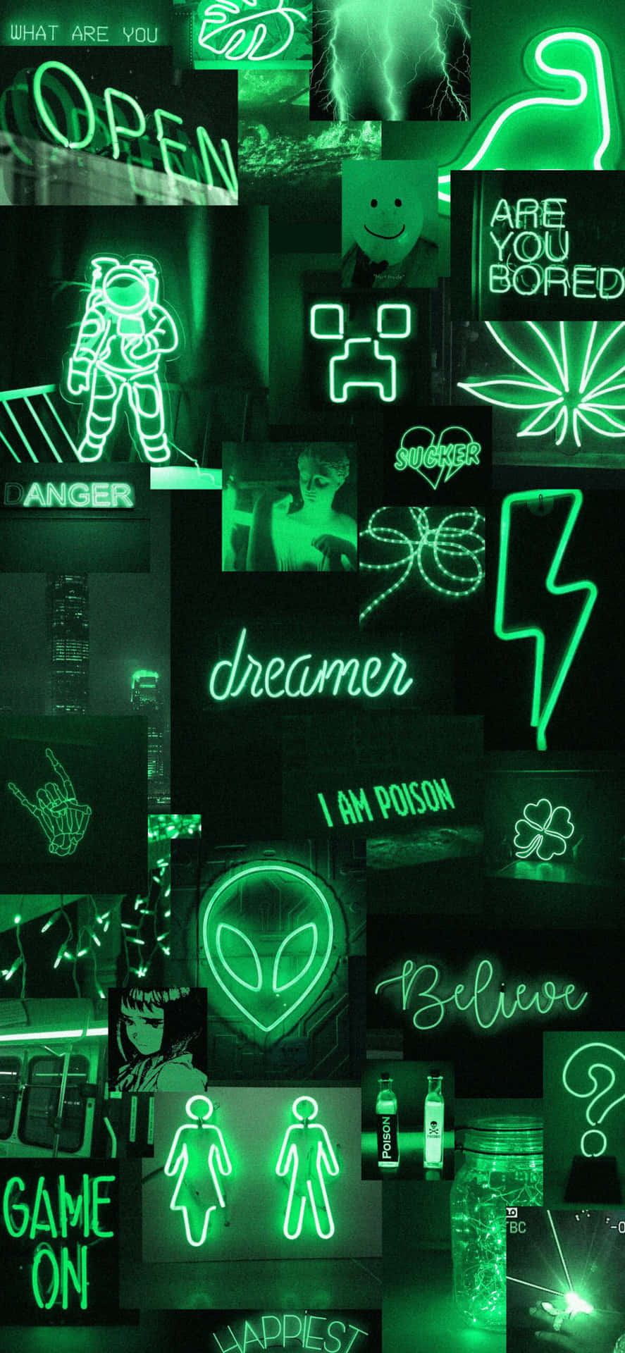 Et kollage af grønne neon skilte og symboler. Wallpaper