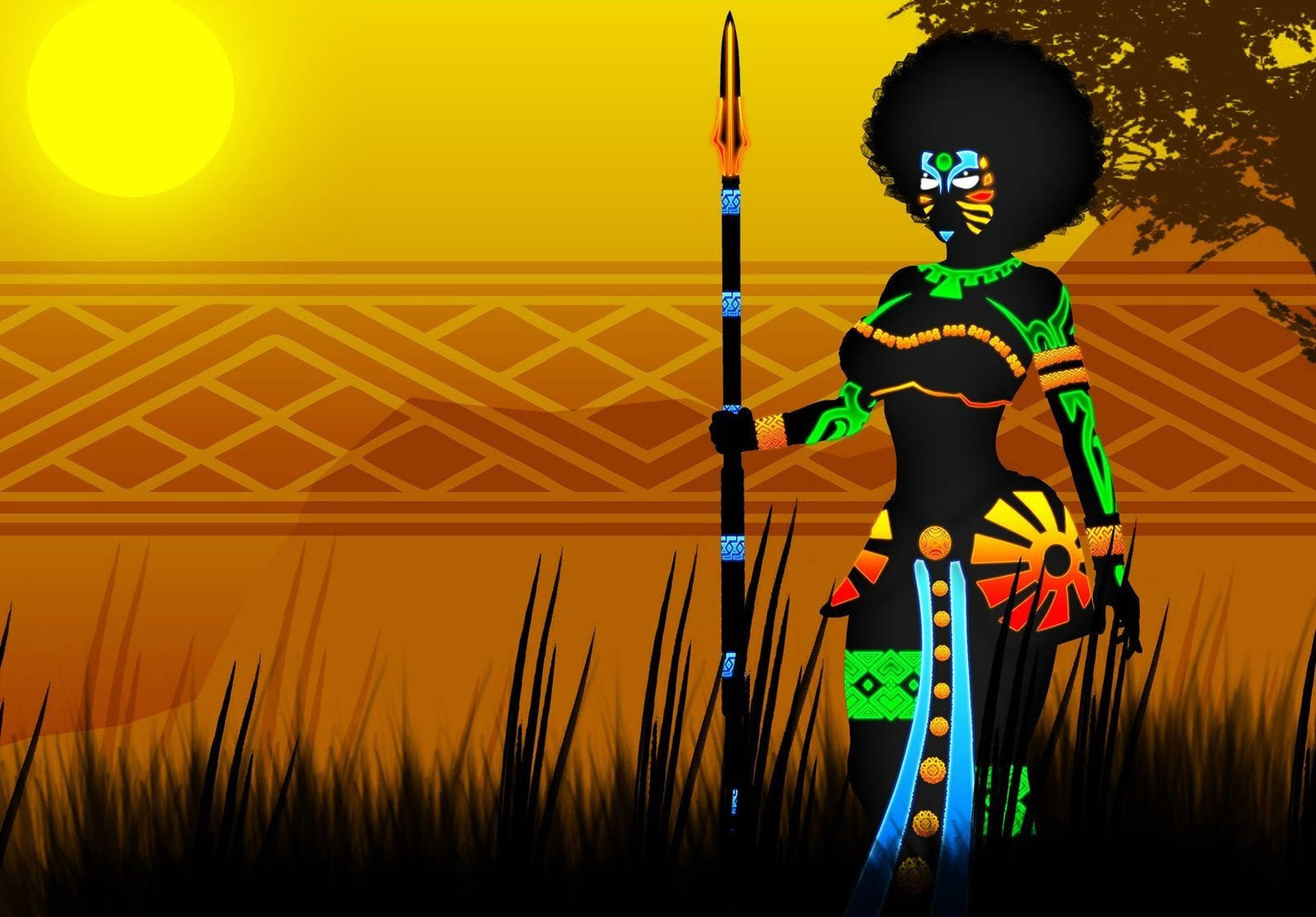 Neon African Female Warrior Art Wallpaper
