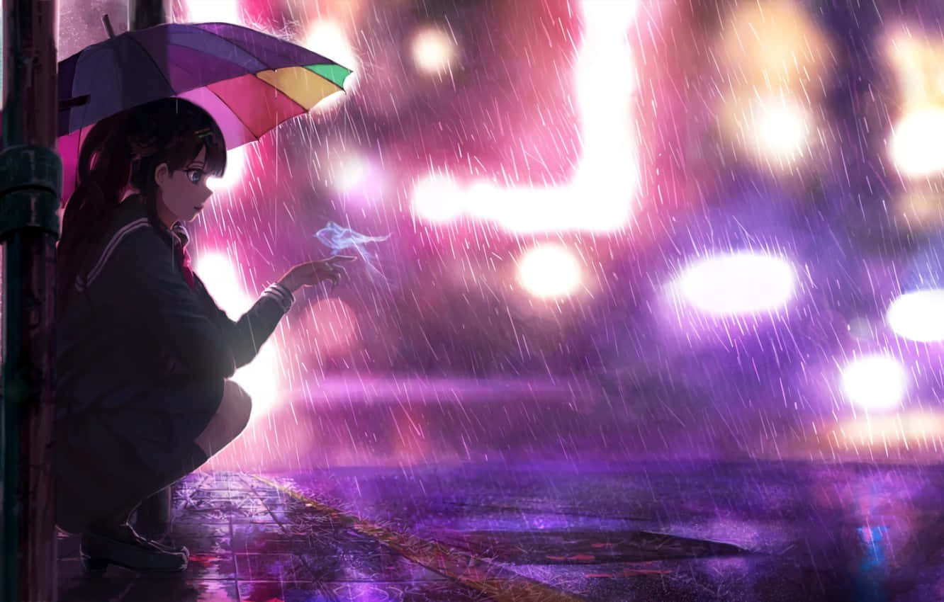 Neon Anime Girl With Umbrella Wallpaper