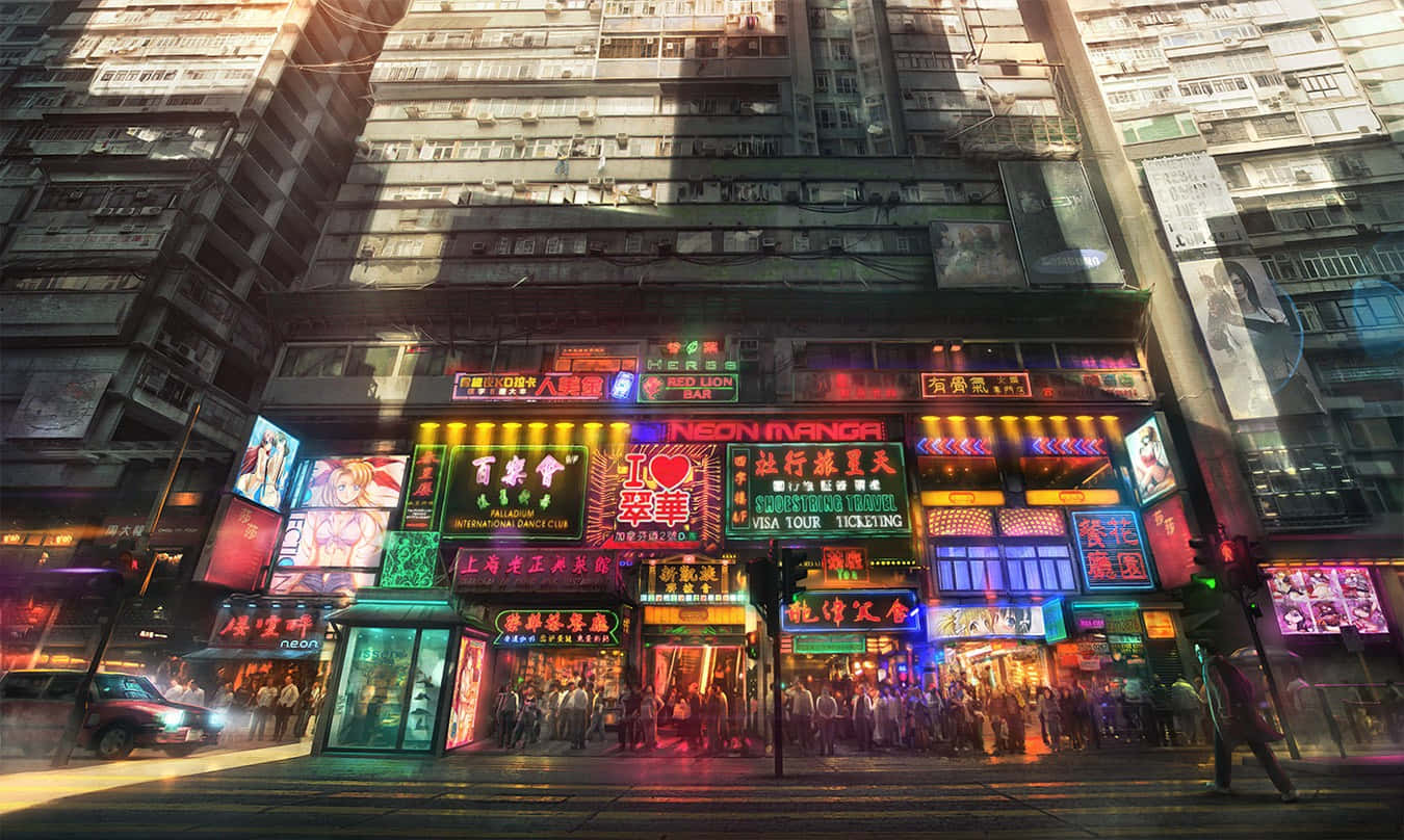 Neon Anime By Bygning Væg Billede Wallpaper