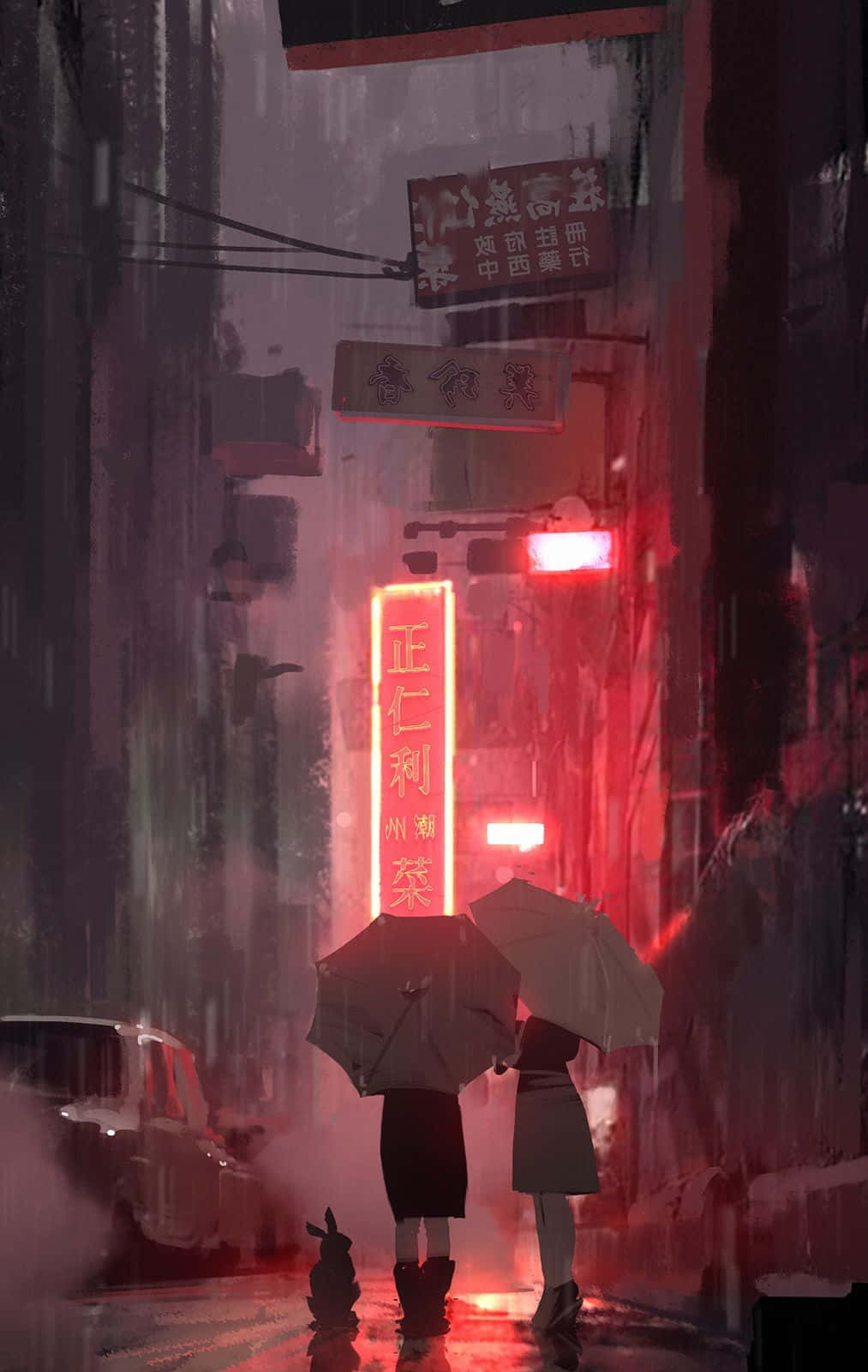 Neon Anime With Umbrellas Wallpaper