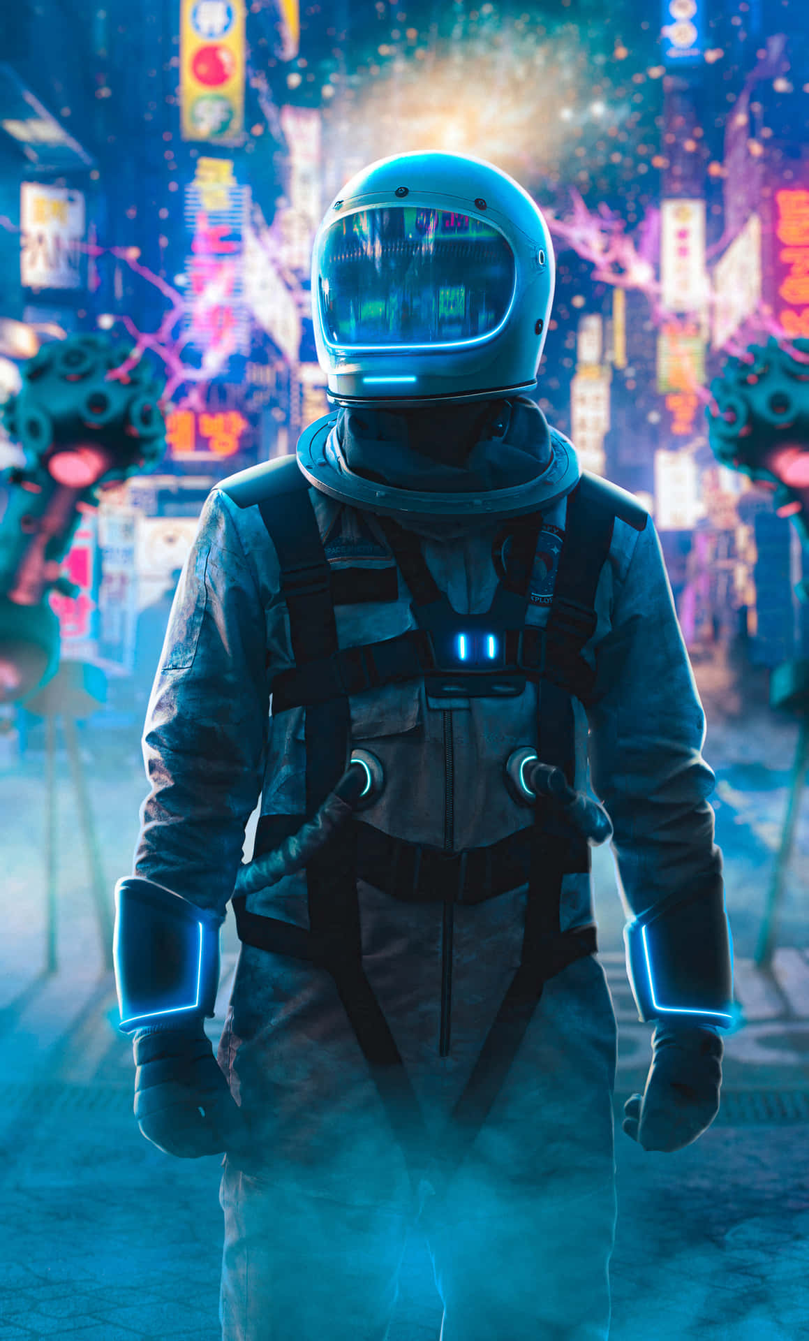 Neon Astronaut In Neon City Wallpaper