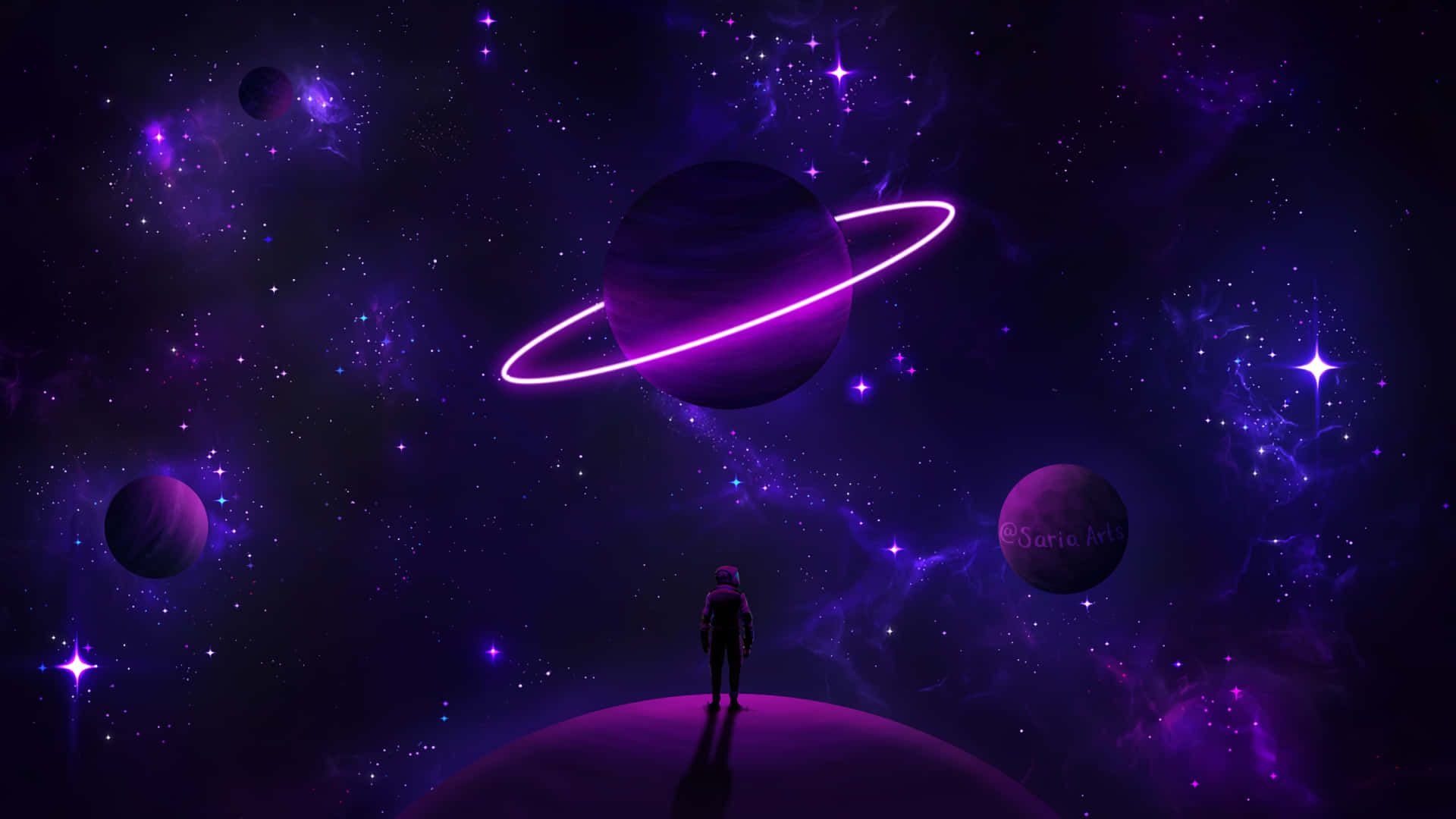Neon Astronaut Looking At Planets Wallpaper