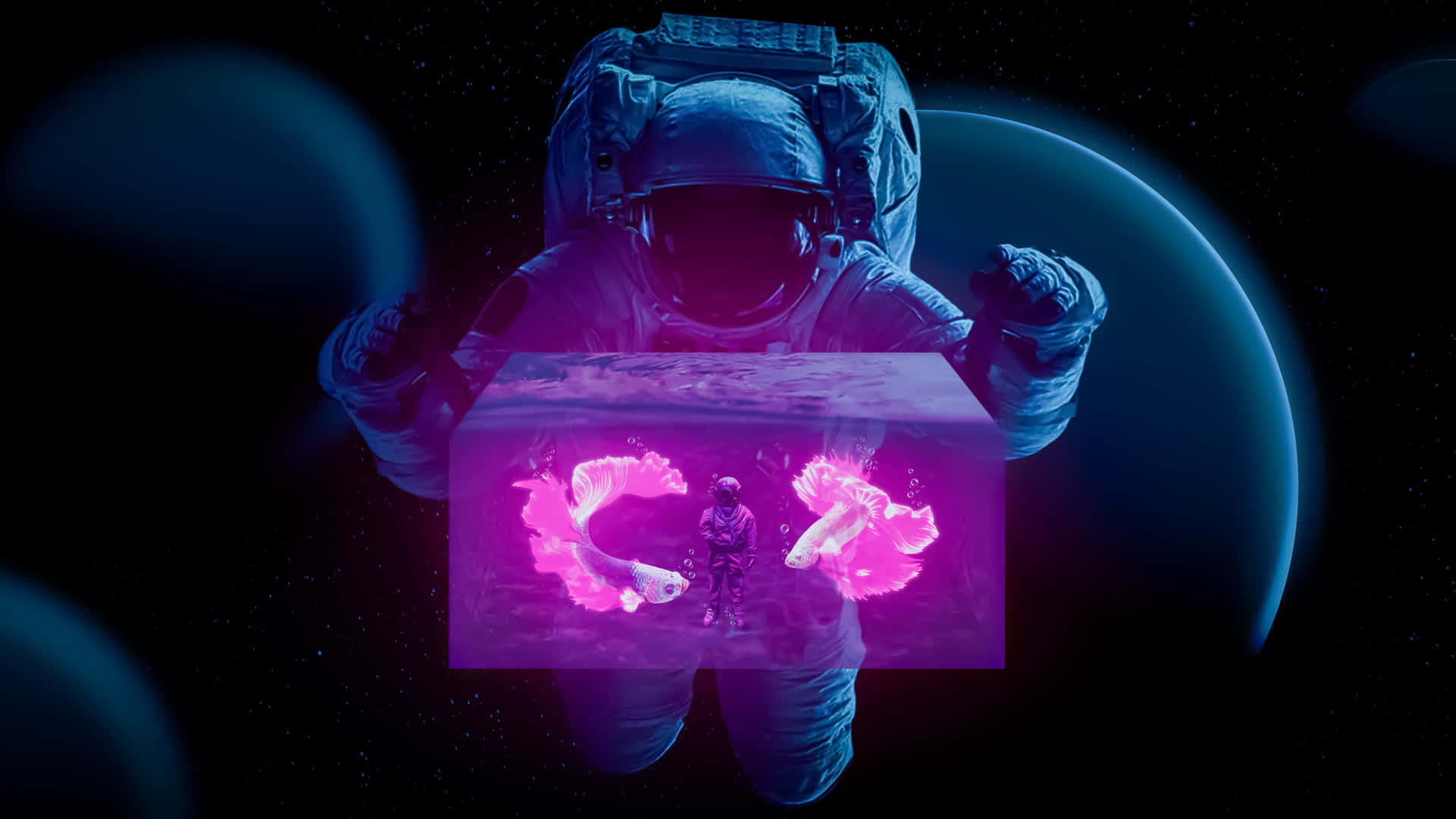 Neon Astronaut With A Box Wallpaper
