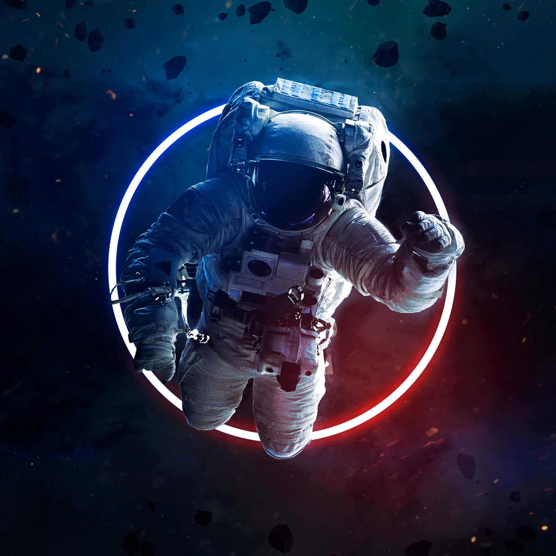 Neon Astronaut With Asteroids Wallpaper