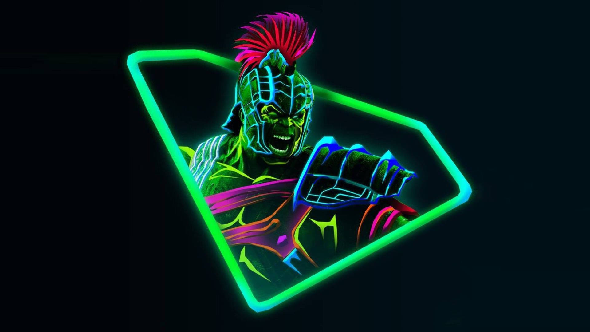 Avengers characters Hulk drawing made of neon lights on a black background.