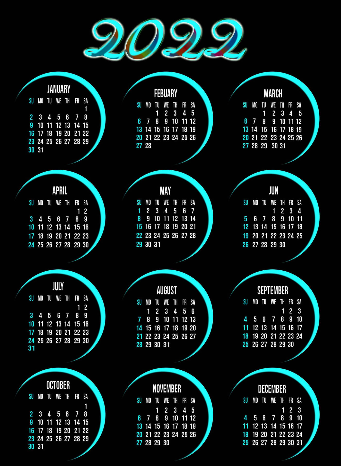 Neon Blue 2022 Calendar Wallpaper