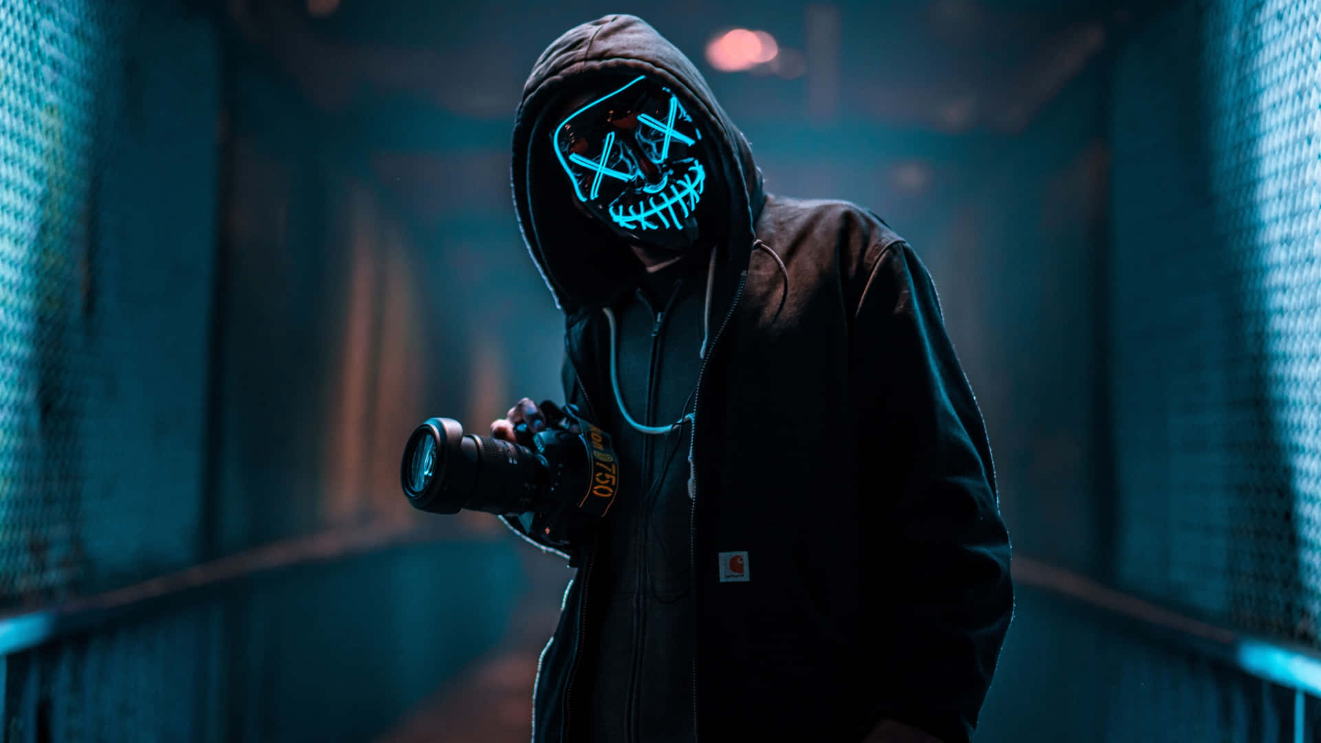 Neon Blue 4k Mask Anonymous Photographer Wallpaper