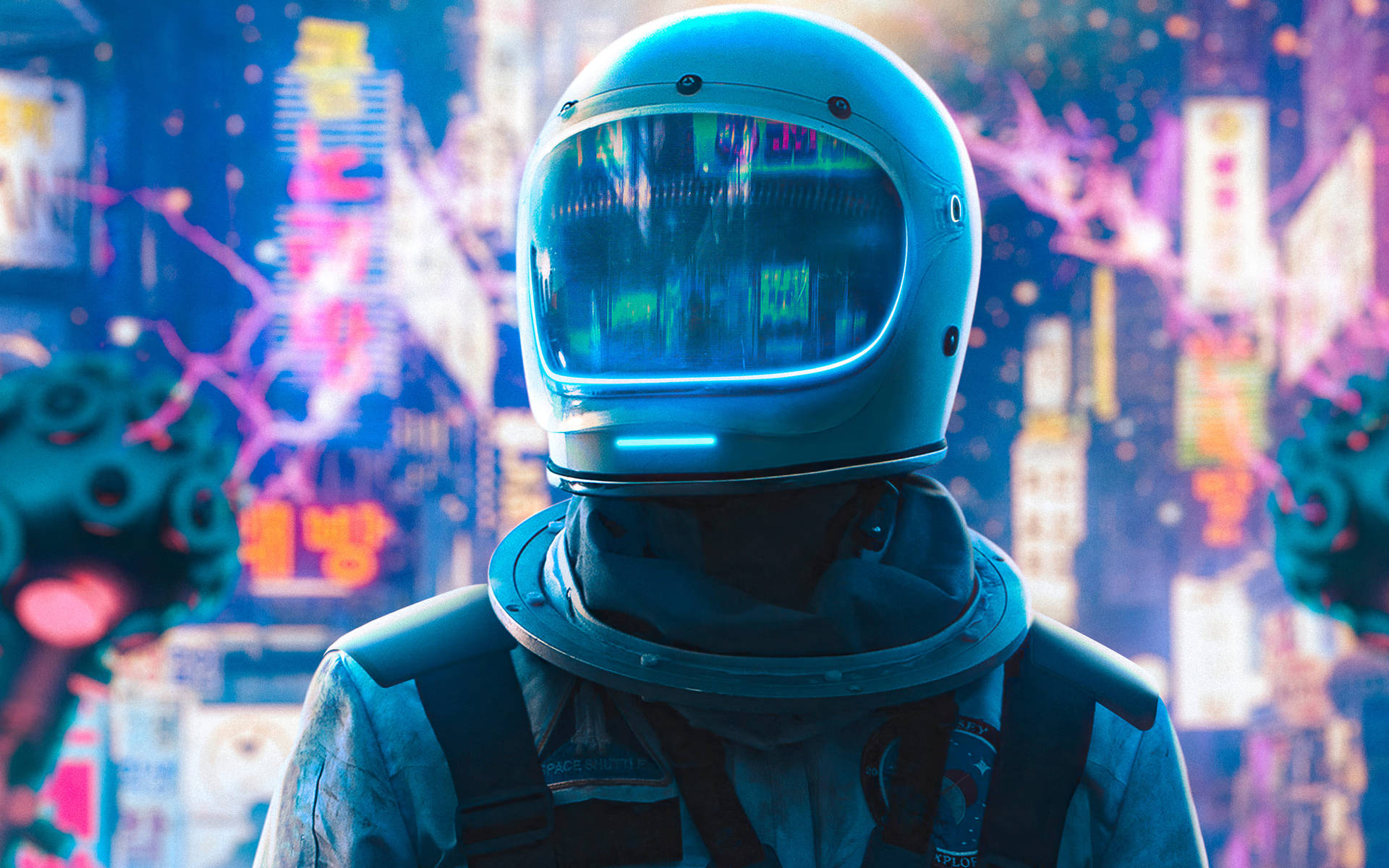 Neon Blue Aesthetic Astronaut In City Wallpaper